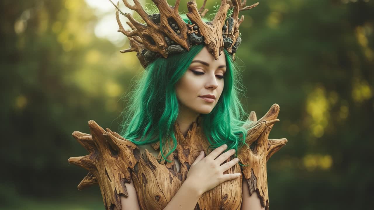 An Enchanting Forest Spirit: Exquisite Depiction of Nature's Guardian with Lush Green Hair and Intricate Wooden Armor Awaits in a Captivating Setting