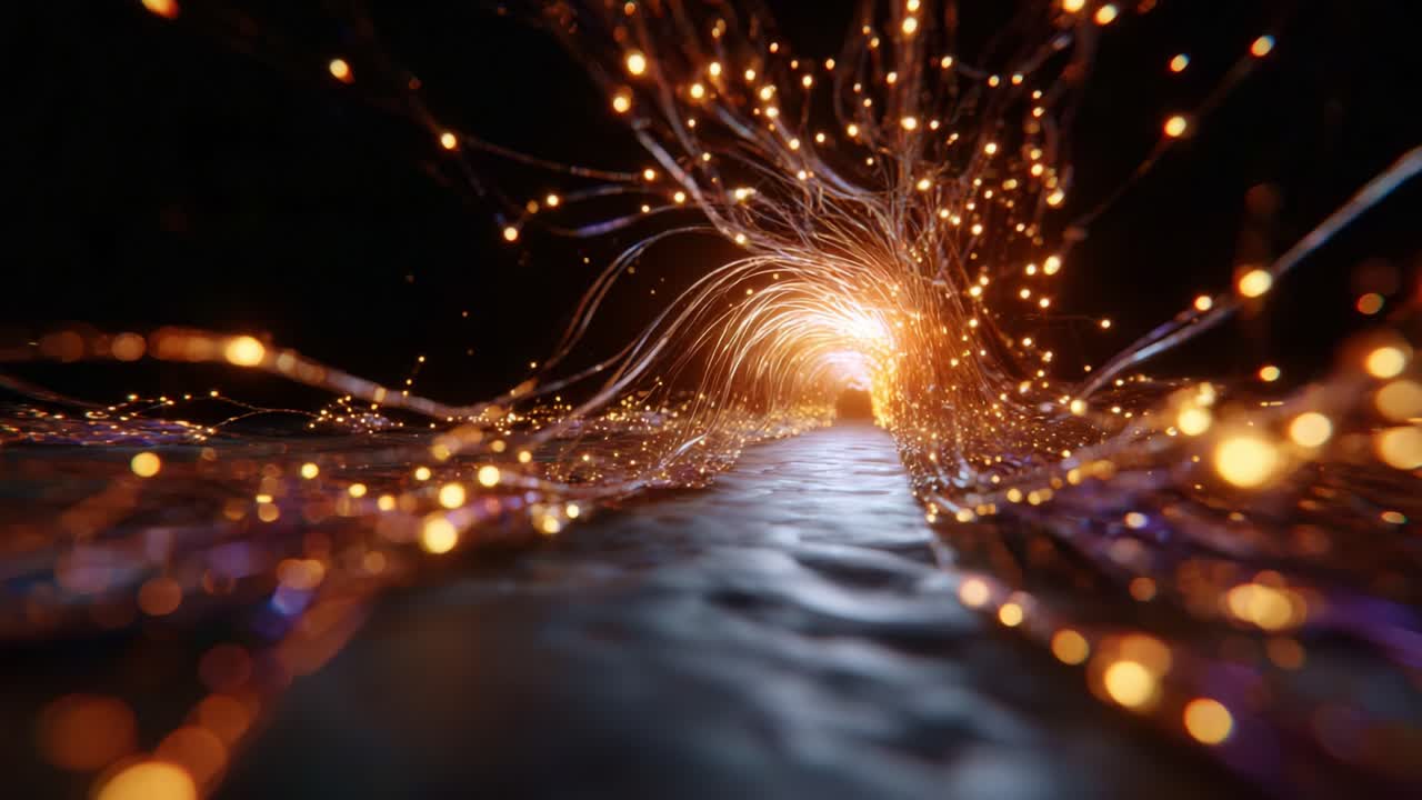 Un viaggio affascinante attraverso un tunnel illuminato di luci vivaci e onde fluenti, che crea un'esperienza visiva surreale da esplorare per gli spettatori.
