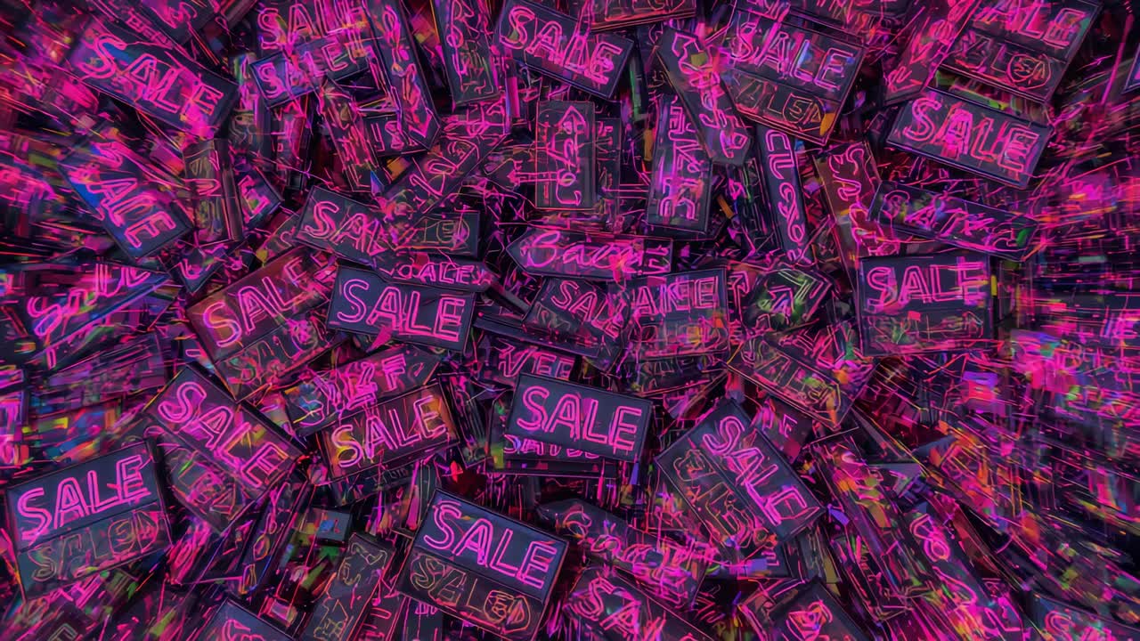 Pulling back camera revealing dense cluster of SALE neon signs in studio, exposing neon tubing