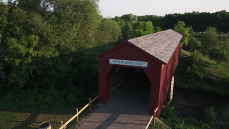 a view of the remaining historic covered bridge in zumbrota, minnesota, usa