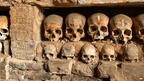 un grupo de calaveras sentadas en la parte superior de una pared de piedra