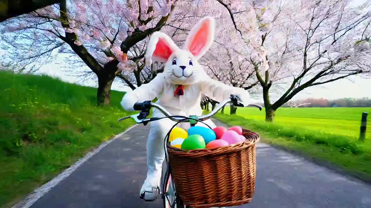 Froher Osterhase fährt Fahrrad mit einem Korb voller Eier.