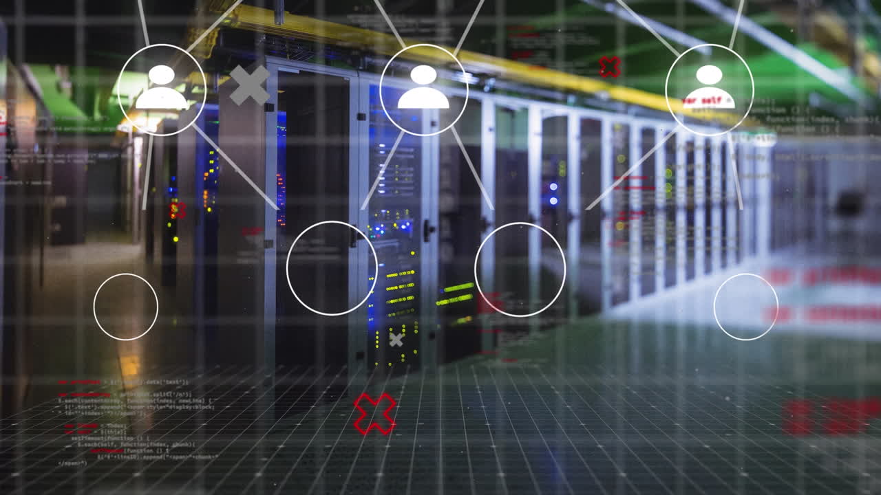 animación de iconos digitales, servidores y procesamiento de datos
