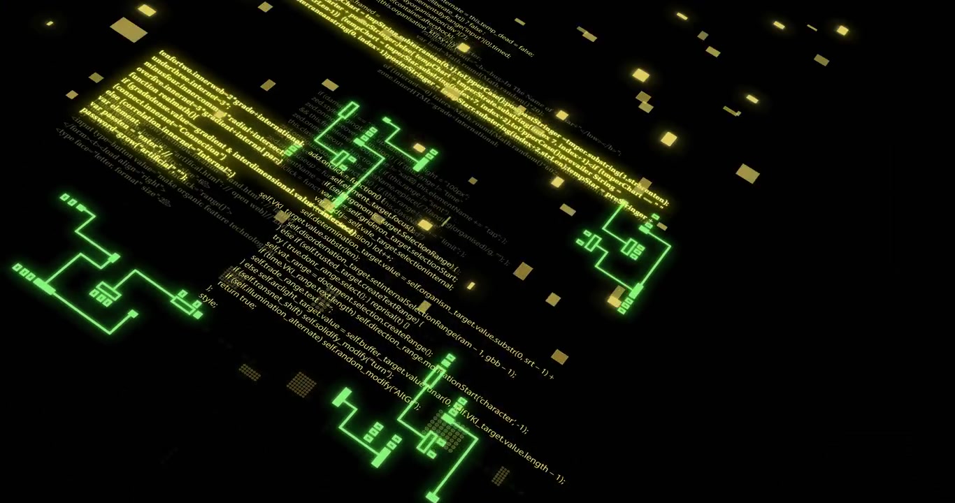 Animation of circuit board with data processing over black background