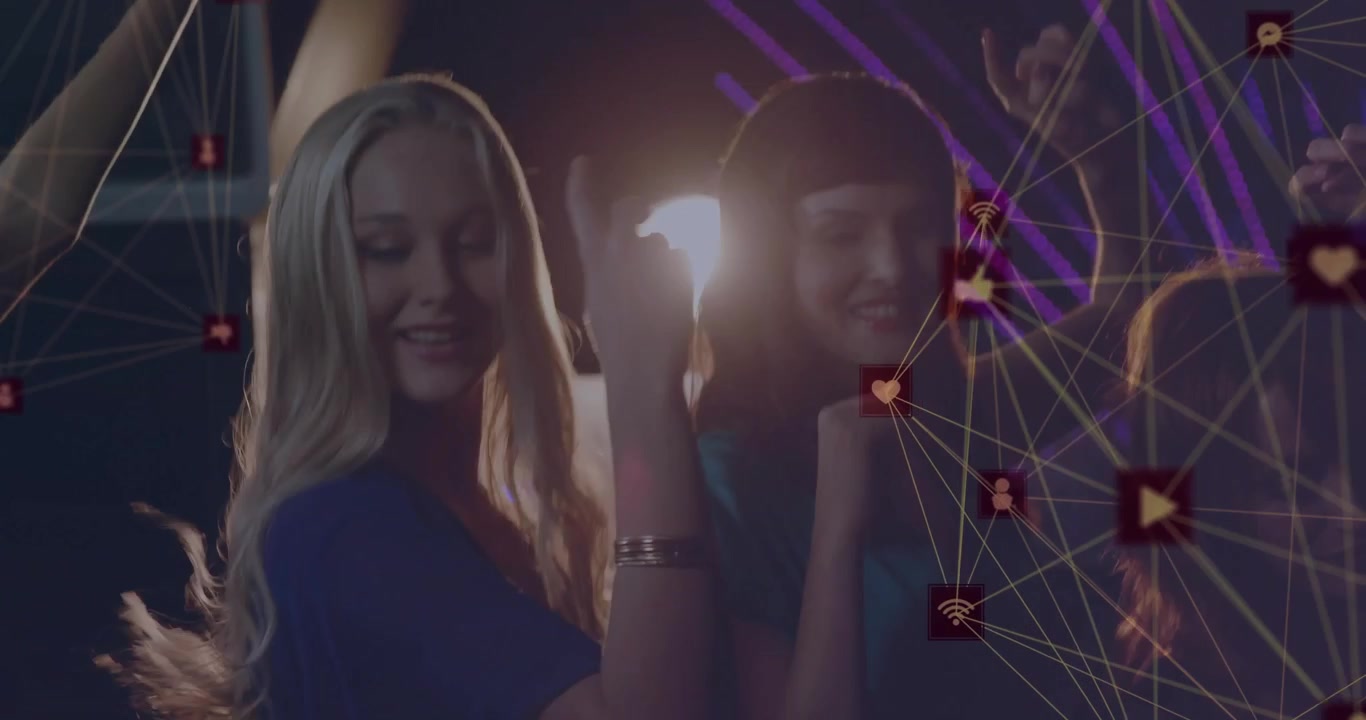 After lifting arms, female dancers generating social icons and third dancer joining for marketing