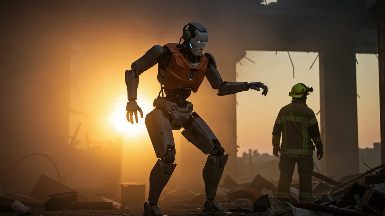 A Robotic Rescuer Engaging in a Post-Disaster Scene at Sunset, Highlighting the Intersection of Technology and Emergency Response in a Dystopian Environment