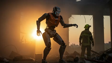 a robotic rescuer engaging in a post-disaster scene at sunset, highlighting the intersection of technology and emergency response in a dystopian environment