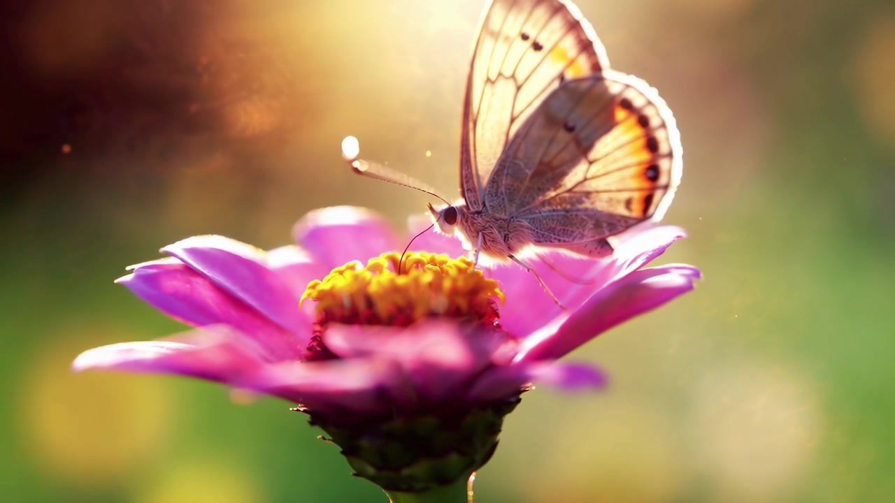 Farfalla che si nutre su un fiore di zinnia rosa sotto il sole