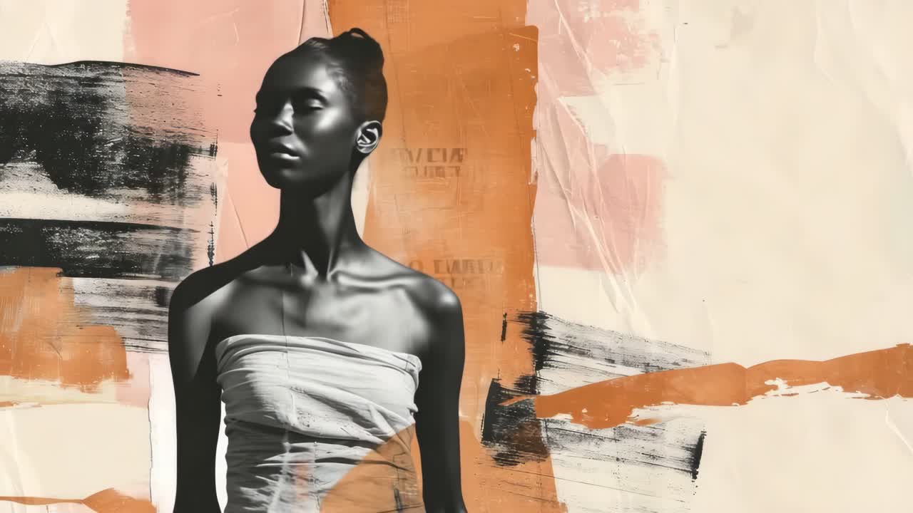 Artistic video still of a woman in a strapless dress, side profile