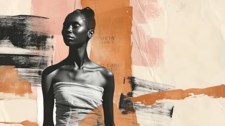 Fotogramma artistico di un video di una donna in abito senza spalline, profilo laterale
