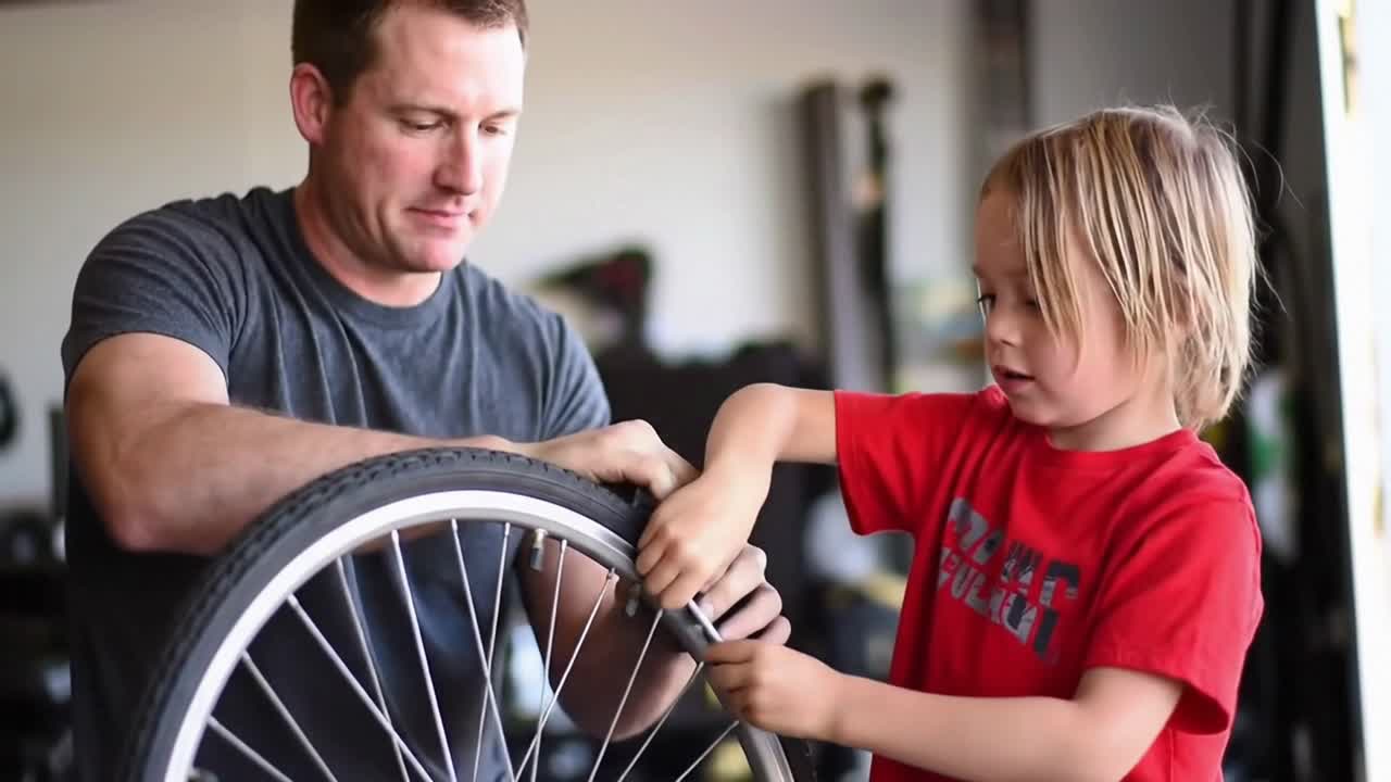 Father Teaching His Young Son How to Repair a Bicycle Wheel in a Garage