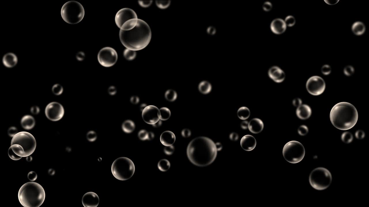 White or silver bubbles float and drift upwards on a black background. A seamless loop perfect for celebration, luxury, or abstract motion graphics