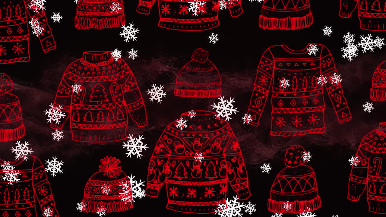 ⁇ 은 모자와 점퍼의 애니메이션 크리스마스 패턴과 눈이 내리는
