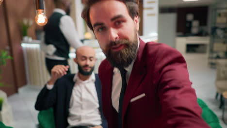 pov businessman shares ideas on call