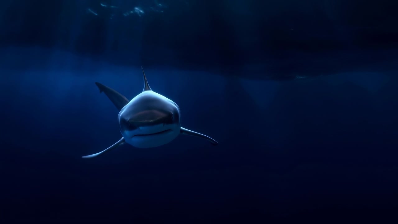Single shark moves upward through clear open ocean from below, framed by bright surface band, blue light shafts, dark water, and strong contrast that creates dramatic isolated marine mood