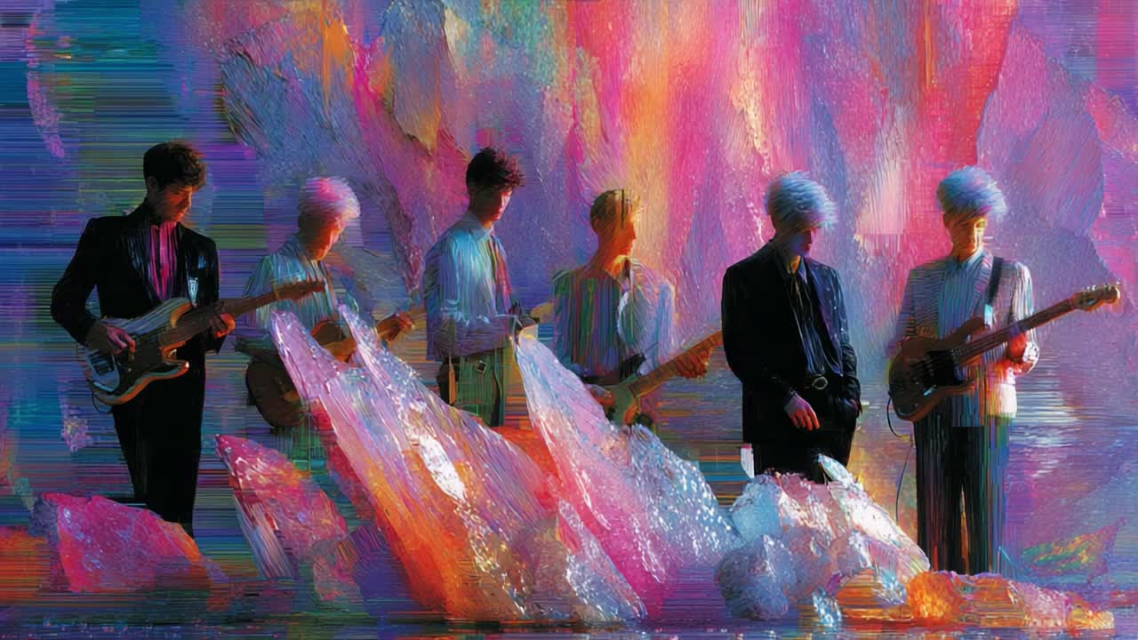 A colorful and vibrant band performance amidst surreal crystal formations, showcasing the blend of music and art in an imaginative, dreamlike setting filled with vivid colors and textures