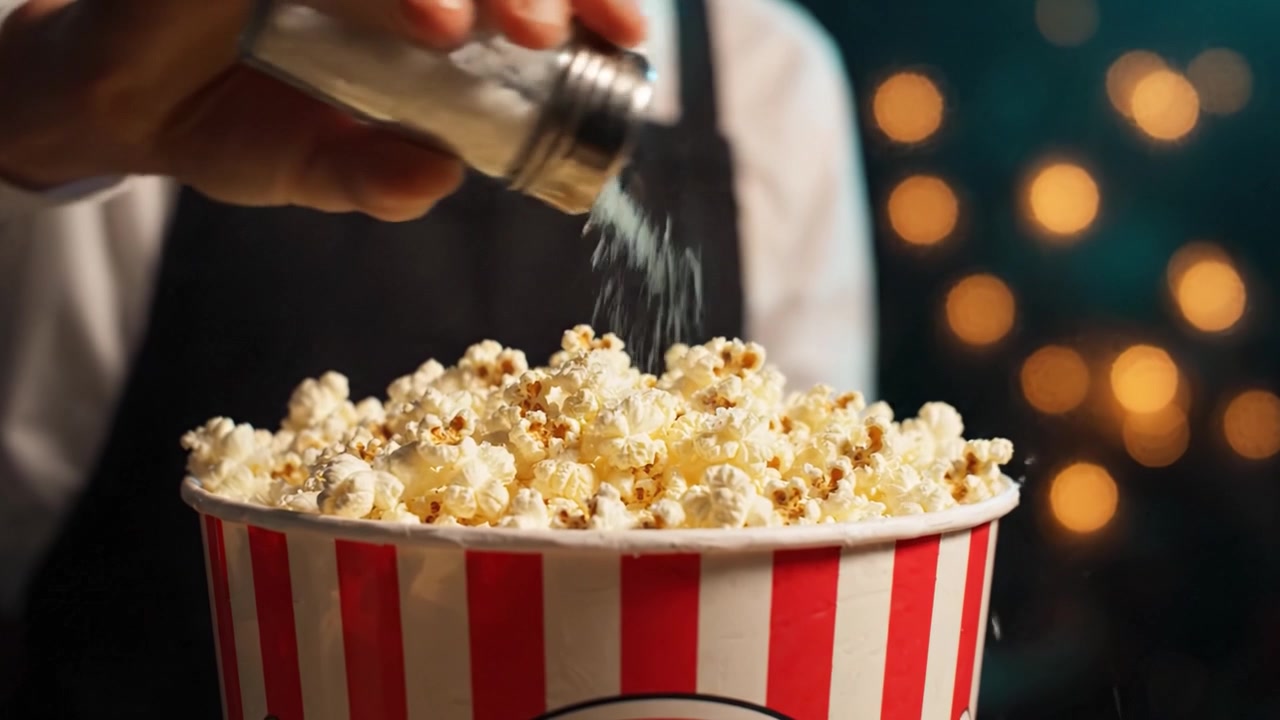 Un secchiello di popcorn deliziosamente riempito, pronto per la serata film, circondato da luci ambientali calde, perfetto per gustare snack in un'accogliente atmosfera cinematografica.