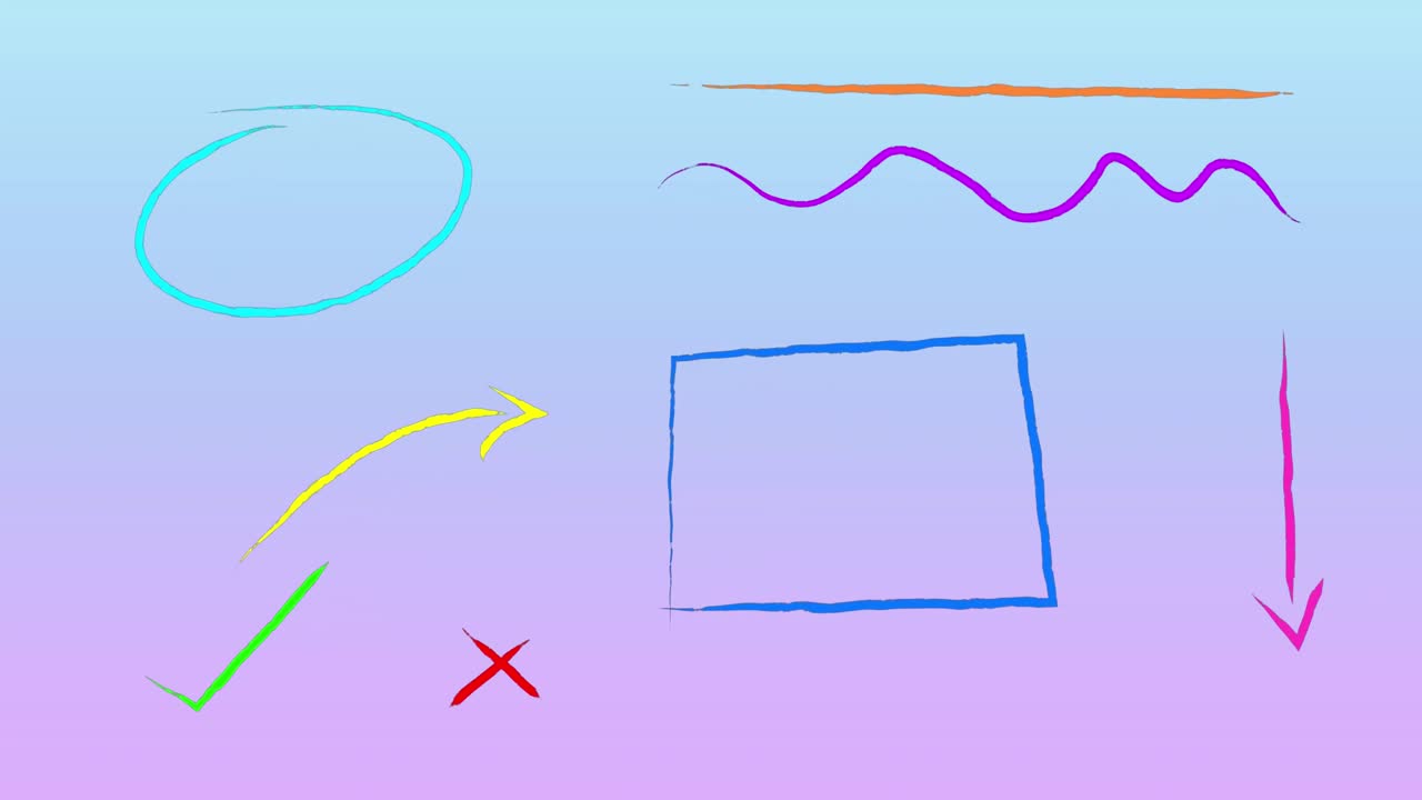 animación de formas y símbolos coloridos contra un fondo de gradiente azul y púrpura