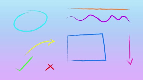 animación de formas y símbolos coloridos contra un fondo de gradiente azul y púrpura