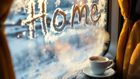 cozy winter morning view with coffee and frosted window