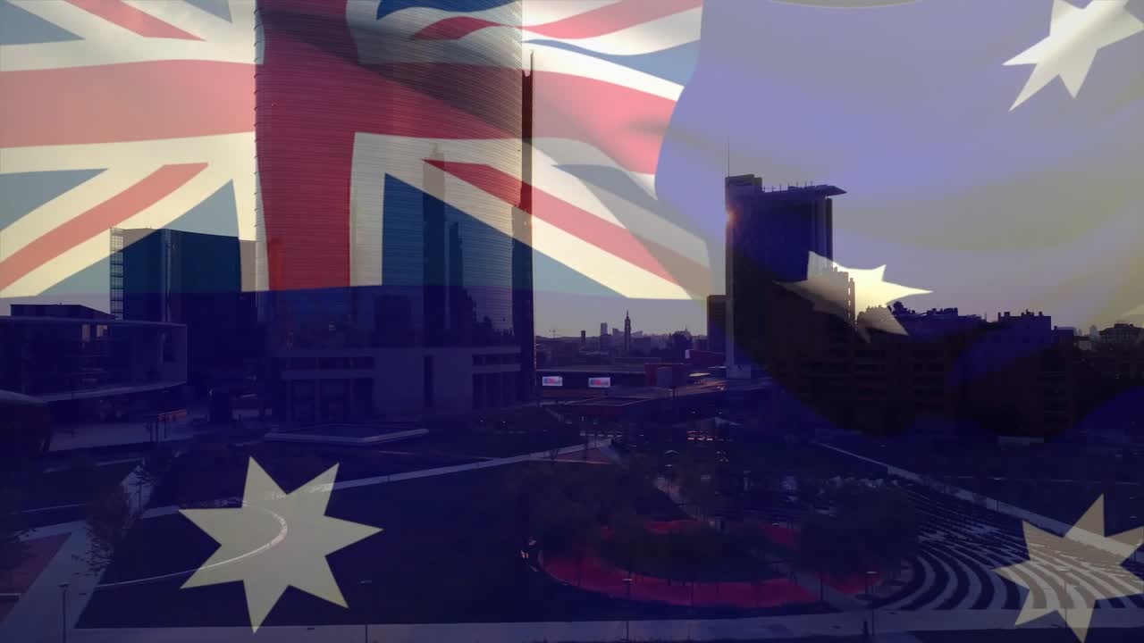 Low sun sparking panning, Australian flag overlay shifting, revealing plaza grids, making outlines