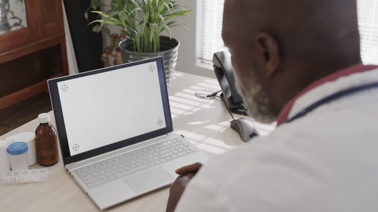 Médecin afro-américain assis à un bureau et utilisant un ordinateur portable avec espace de copie, ralenti.