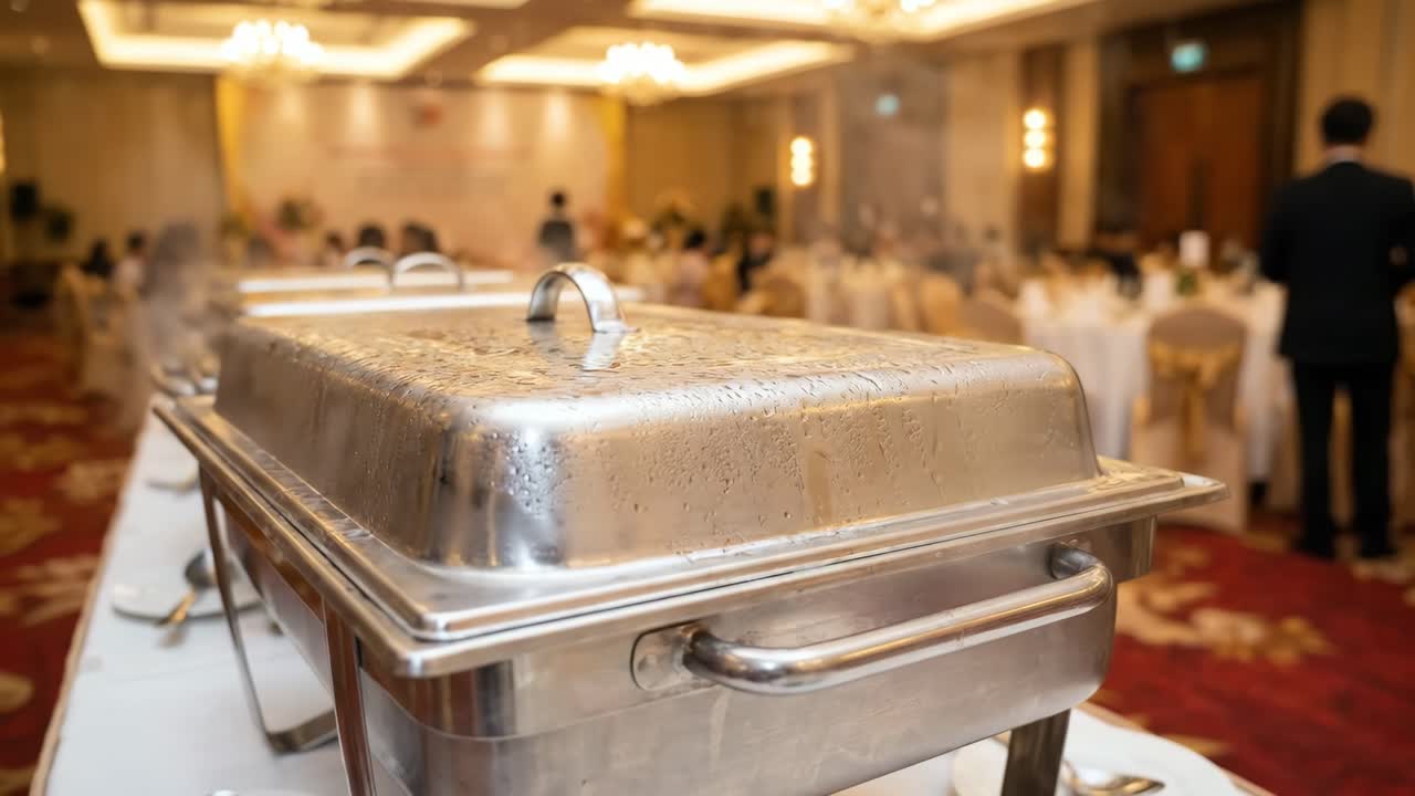 Scaldavivande con cibo caldo fumante a un evento buffet formale