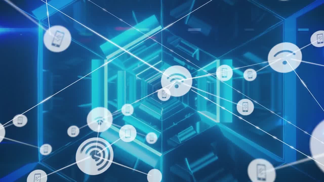 네온 파란색 육각형 터널에 맞춰 디지털 아이콘 네트워크의 애니메이션