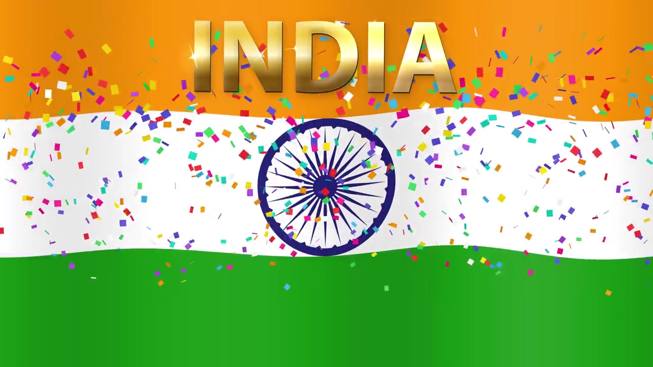 Bandiera nazionale animata dell'India che sventola mentre testo dorato e coriandoli colorati cadono sullo schermo