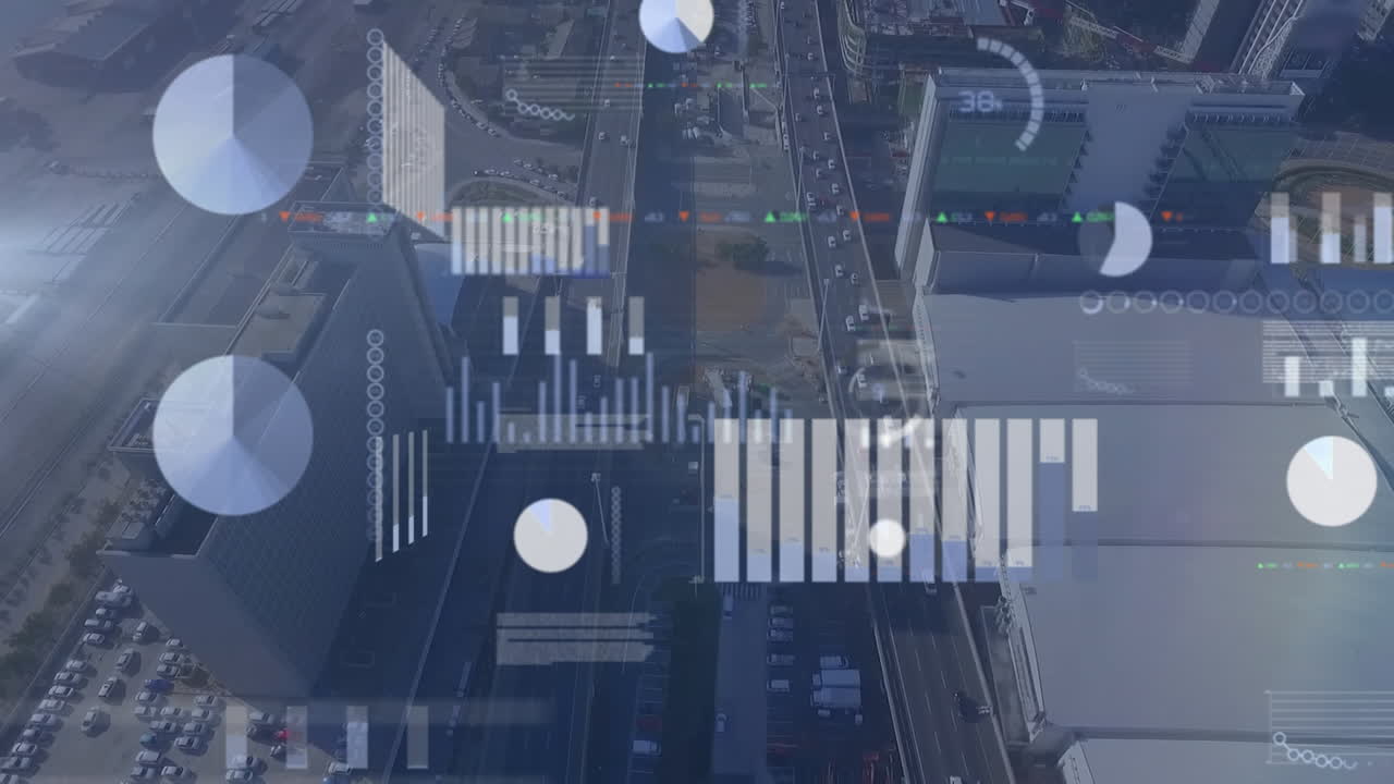 Animation of screens with data processing against aerial view of city traffic