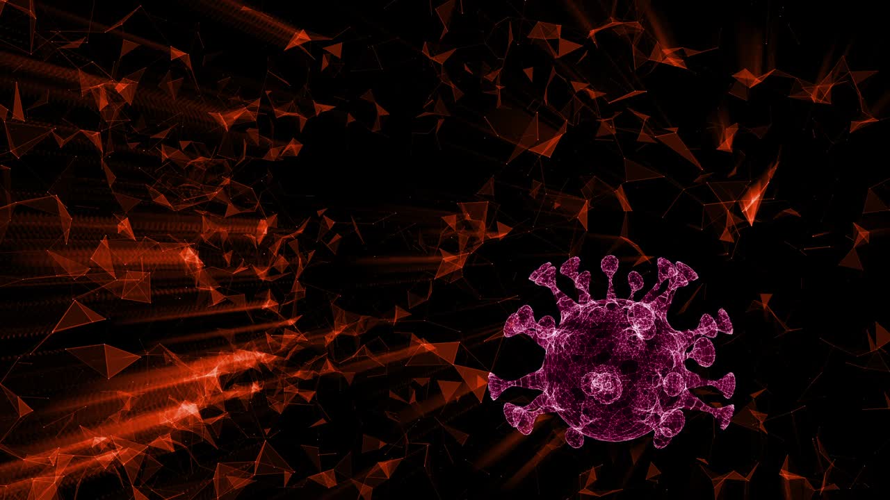 una célula microscópica en el entorno de la red de triángulos rojos brillantes.