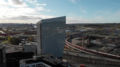 new office building in gamlestaden in gothenburg, aerial pull back