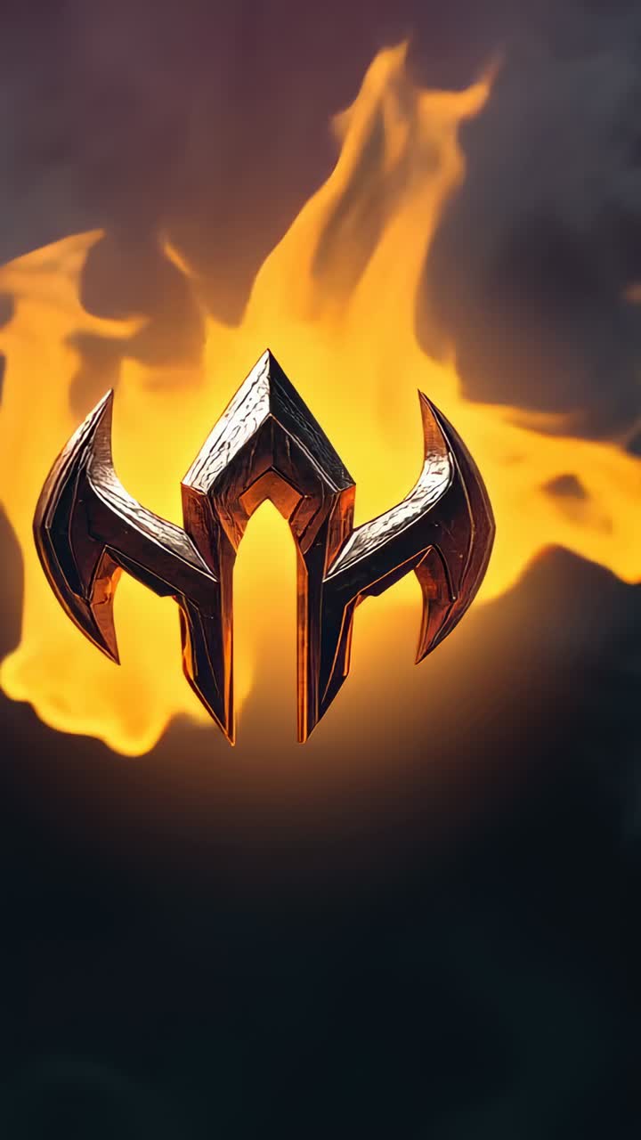 Vertical video: Stylized metallic emblem appearing in smoky void, flames rising and swirling around