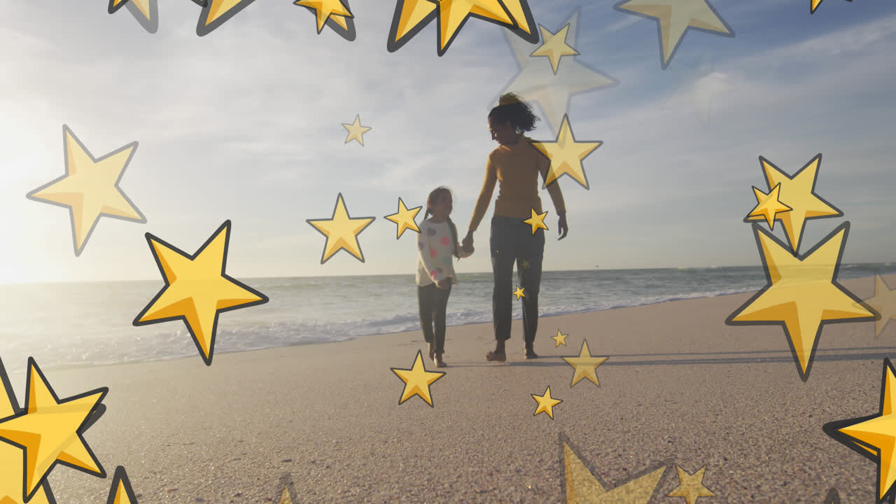 해변에서 두 인종의 여성과 그녀의 딸에 대한 별의 애니메이션