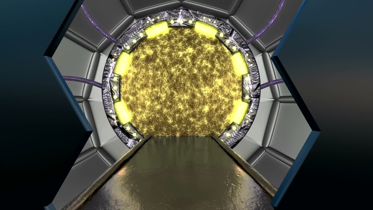 vista panorámica de la escena del paisaje de la estación. fondo abstracto 3d de corredor de ciencia ficción con portal. tecnología futurista abstracto vj sin costuras para títulos tecnológicos y fondo.