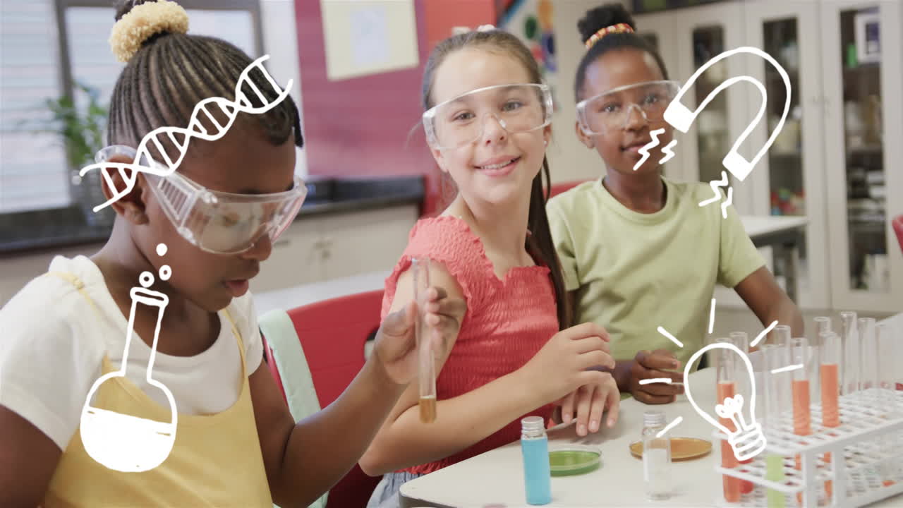 niños realizando experimentos científicos con adn, imán y animación de bombilla