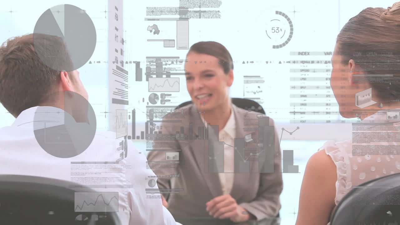 In office, diverse professionals discussing business with data analytics animation overlay