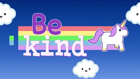 animación de las palabras ser amable apareciendo con unicornio 4k
