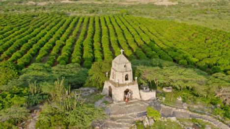 Aerial-pan-showing-San-Martin-de-Porres-sanctuary,-Bani,-Dominican-Republic