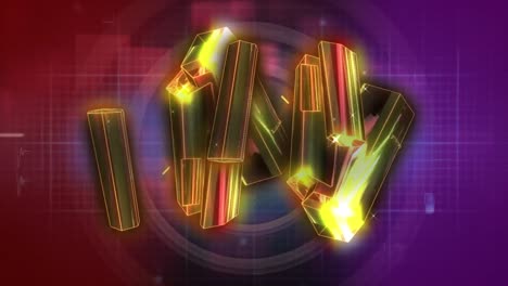 Animation-of-illuminated-3d-bars-over-heart-rhythm-against-circles-on-abstract-background