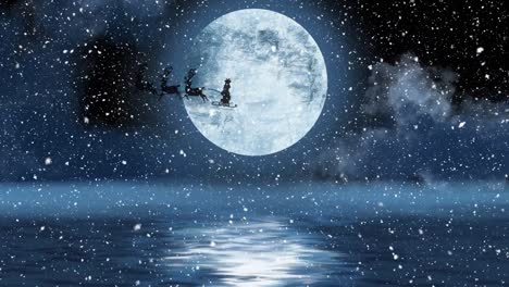 animation of silhouette of santa claus in sleigh pulled by reindeer with snow falling and full moon