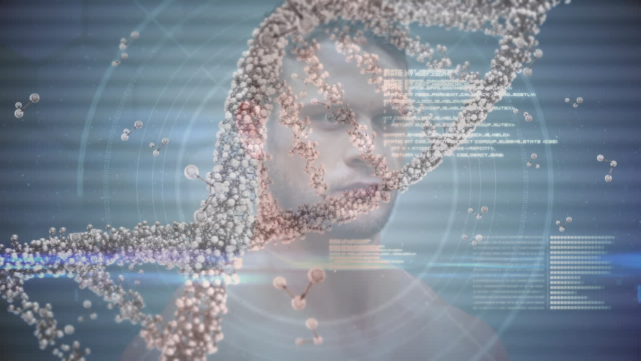 데이터 프로세싱과 강인한 사람의 운동을 하는 dna 가닥의 애니메이션