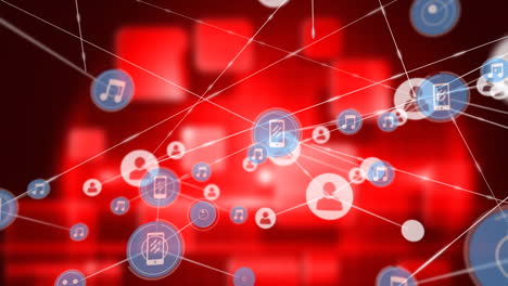 animación de la red de conexiones con iconos sobre fondo rojo