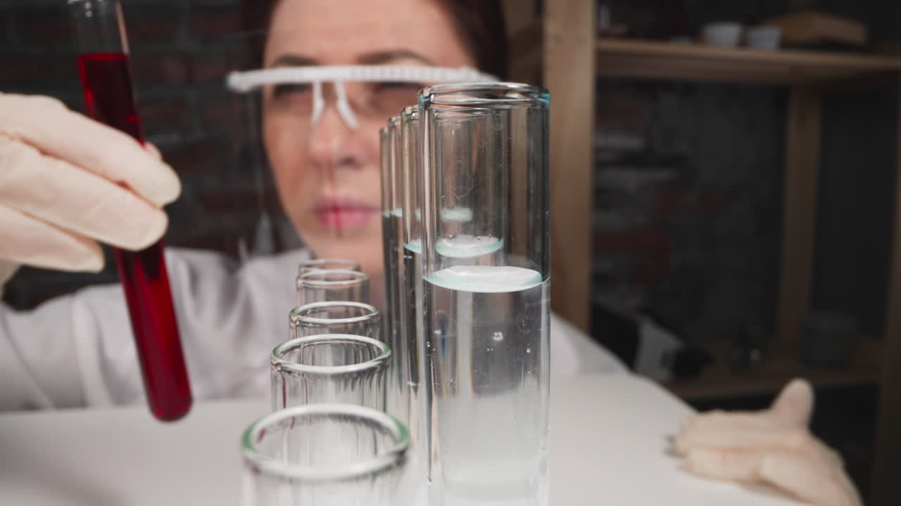 사려 깊은 전문가는 실험실에서 검사를 하는  ⁇ 은 액체를 봅니다.