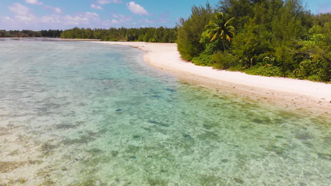 Filmato aereo di una spiaggia di sabbia bianca nella laguna di Muri a Rarotonga, nelle Isole Cook, nel Pacifico meridionale.