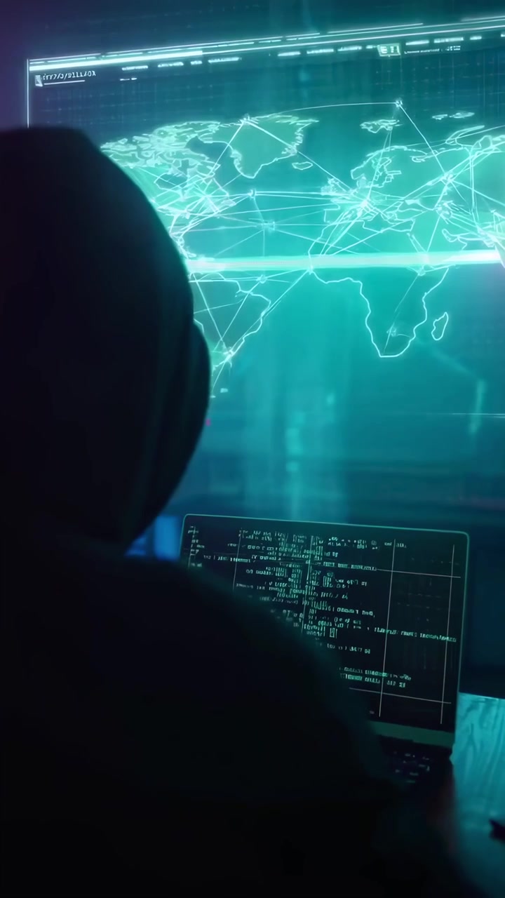 Anonymous Hacker Coding on Laptop in Neon Lit Room