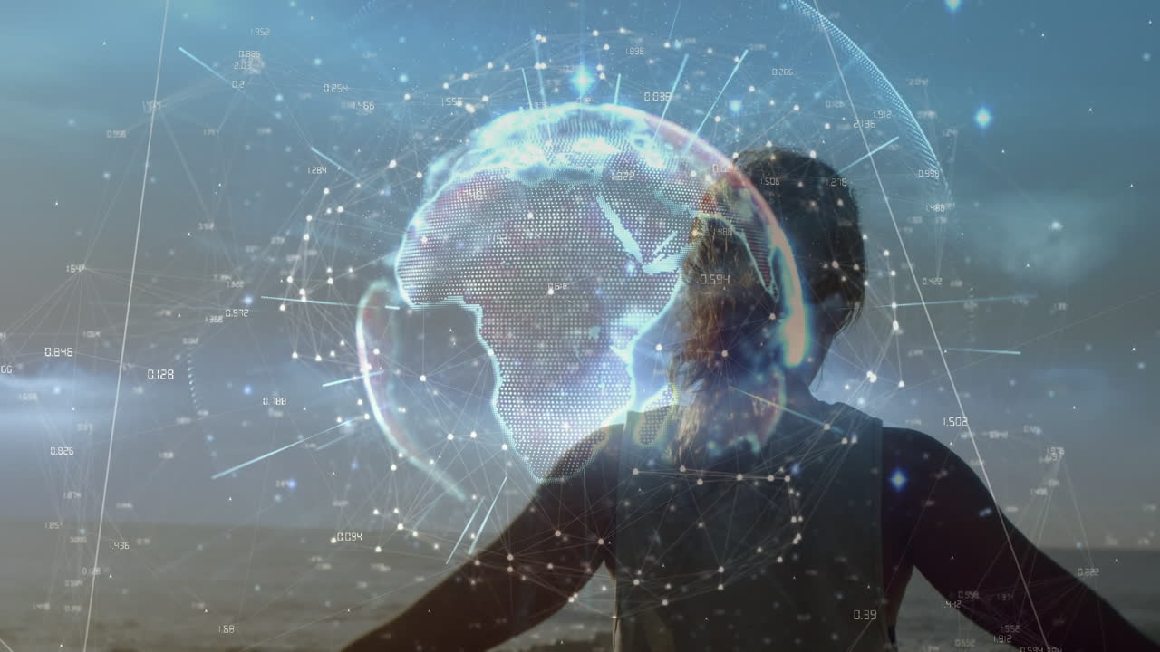 animación del globo y las conexiones sobre la espalda de una mujer caucásica practicando yoga en el mar