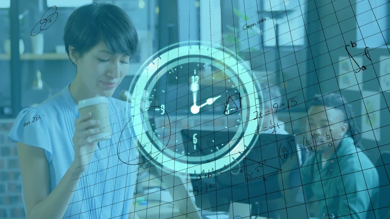 시계와 수학 수식의 애니메이션 비즈니스 사람들 위에