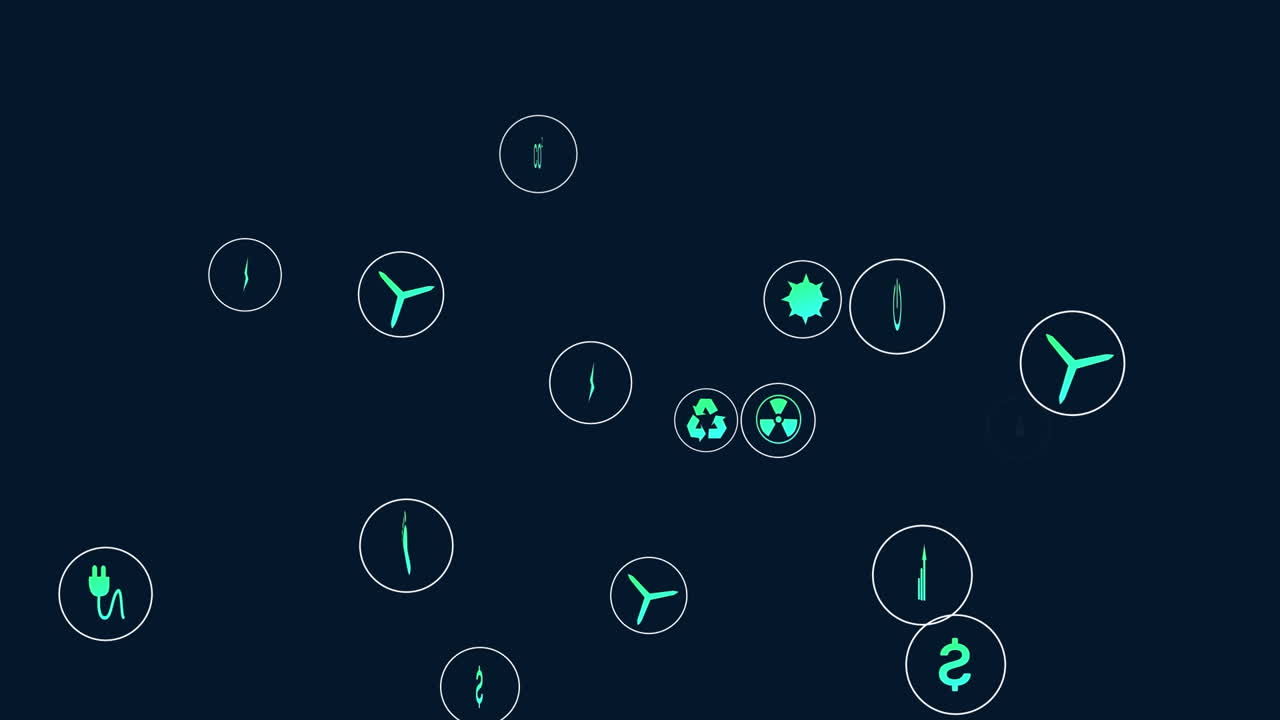 Animation of eco icons and computer data processing over dark background