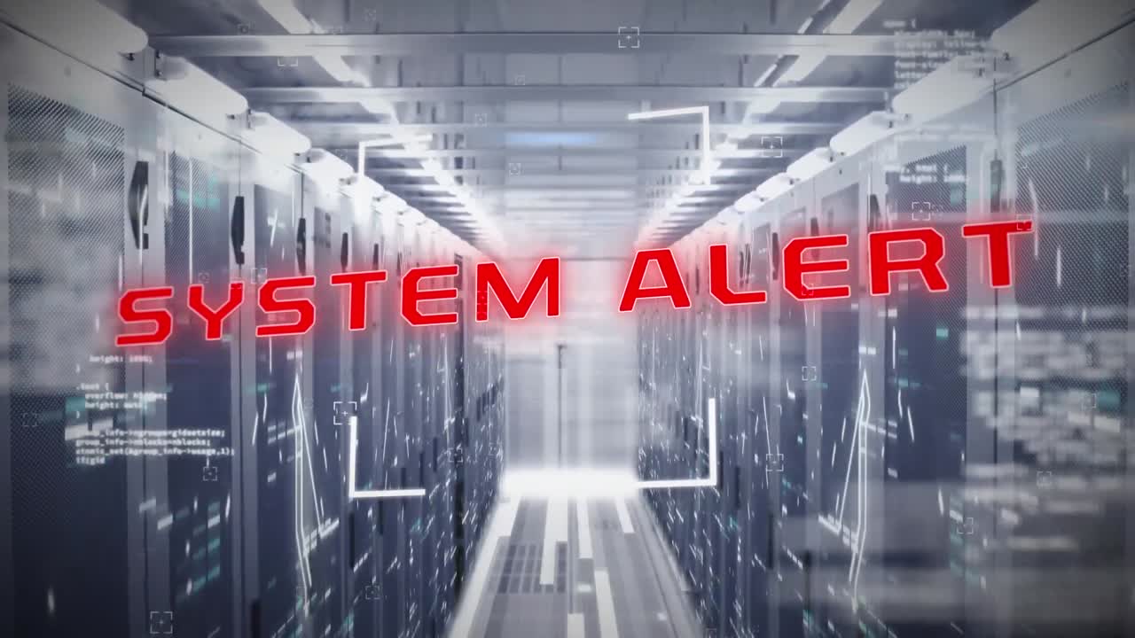 animación de escaneo de alcance sobre el texto de alerta del sistema banner y cuadrados de mosaico contra la sala del servidor